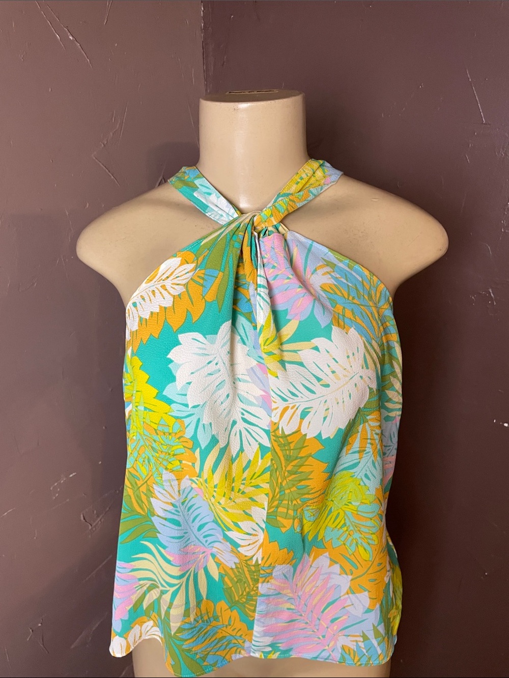 Rose & Olive Tropical Halter Blouse in Teal, Yellow, White, Pink